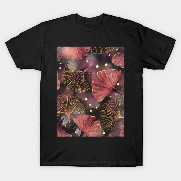 Watercolor Golden Ginko Leaves pattern T-Shirt by RenattaZare